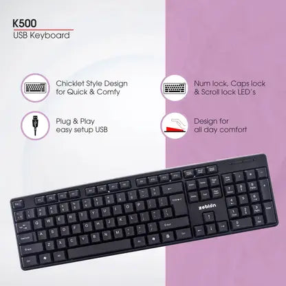 zebion K500 USB Keyboard Wired USB Standard Multi-device Keyboard Compatible with Desktop, Laptop, Mac Easy to Use,Plug and Play,Quick, Comfy Durable body (Black)