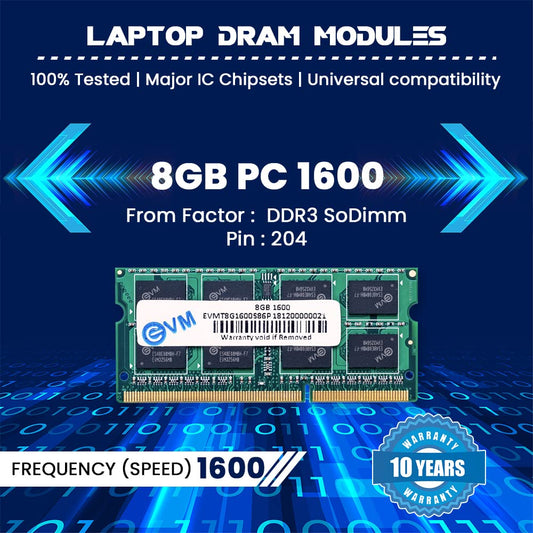 EVM 8GB DDR3 Laptop RAM 1600MHz So-DIMM Memory - High-Speed Performance, Low Voltage Requirement - 10 Year Warranty (EVMT8G1600S86P
